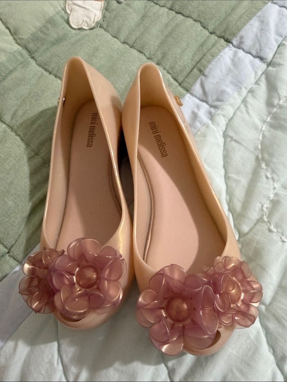 Mini Melissa Peach Jelly Ballet Flats with Pink Floral Appliqués